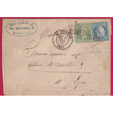 N°20 + 37 GC 3581 ST ETIENNE LOIRE POUR LYON LETTRE COVER FRANCE