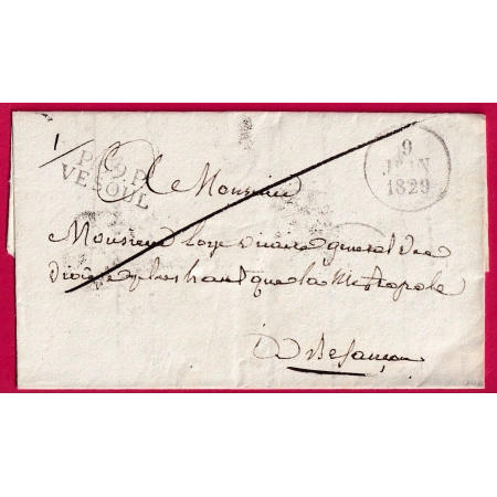 MARQUE P69P VESOUL HAUTE SAONE 1829 POUR BESANCON DOUBS INDICE10 LETTRE COVER FRANCE