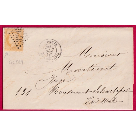 N°59 GC 3739 PARIS ST MANDE PARIS POUR PARIS RECETTES REUNIES 1872 LETTRE COVER FRANCE
