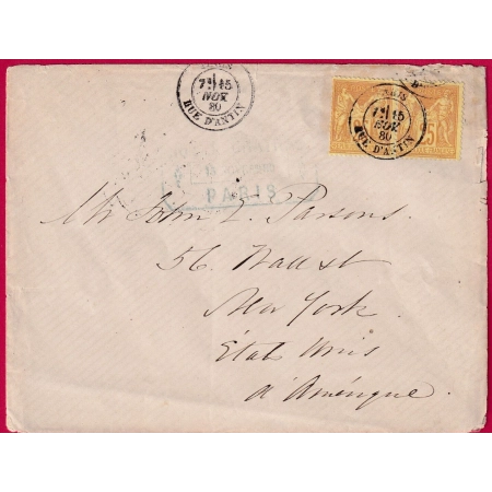 N°92 PAIRE DOUBLE PORT PARIS RUE D'ANTIN POUR NEW YORK USA 1880 LETTRE COVER FRANCE