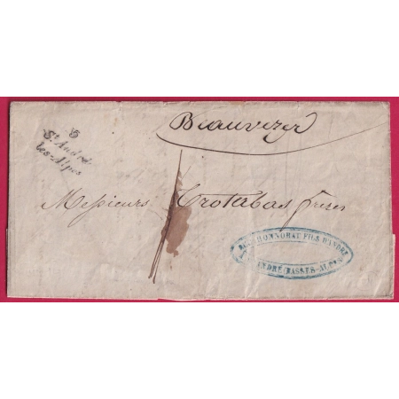 CURSIVE 5 ST ANDRE LES ALPES TAXE LOCALE 1 BEAUVEZER 1854 INDICE 14 LETTRE COVER FRANCE HAUTES ALPES