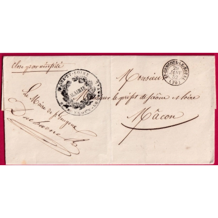 CAD TYPE 15 ST GENGOUX LE ROYAL SAONE ET LOIRE 1852 FRANCHISE LE MAIRE POUR MACON LETTRE COVER FRANCE