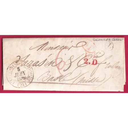 CAD TYPE 13 VERDUN SUR LE DOUBS BOITE RURALE Z COLOMBIER CHATELOT POUR BALE SUISSE + DECIME RURAL LETTRE COVER FRANCE