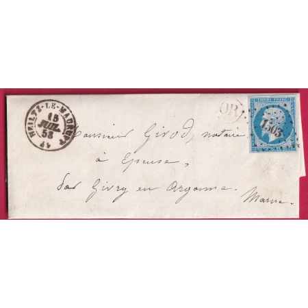 N°14 PC 1503 HEITZ LE MAURUPT OR VANAULT LE CHATEL 1858 POUR GIVRY MARNE LETTRE COVER FRANCE