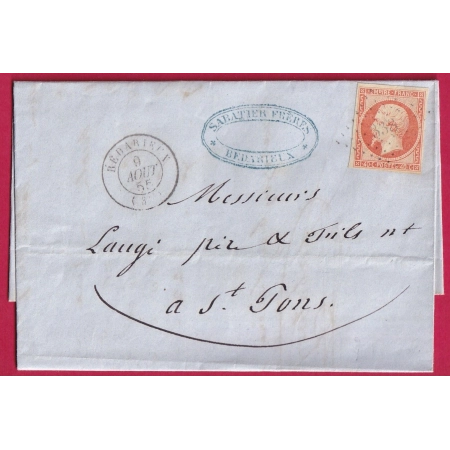 N°16 PC 338 BEDARIEUX HERAULT 1855 POUR ST PONS LETTRE COVER FRANCE