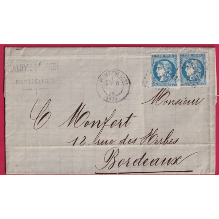 N°46B X2 GC 2502 MONTPELLIER POUR BORDEAUX UN TIMBRE VARIETE LETTRE COVER FRANCE
