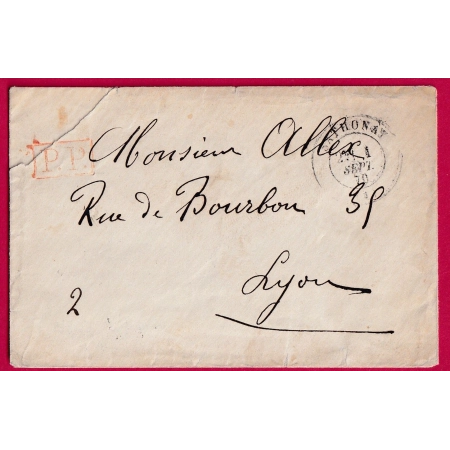 GUERRE 1870 CAD TYPE 17 SATHONAY AIN 1 SEPT 1870 PP ROUGE FAUTE DE TIMBRES POUR LYON LETTRe
