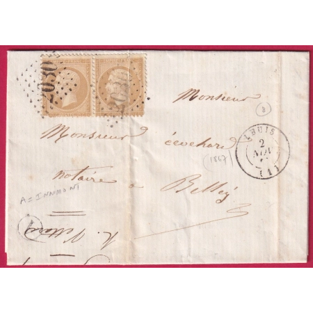 N°21 PAIRE GC 2030 LHUIS AIN BOITE RURALE A INNIMOND 1867 LETTRE COVER FRANCE