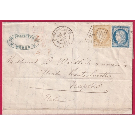 N°55 60 GC 2300 MEHUN SUR YEVRE CHER POUR NAPLES NAPOLI ITALIE ITALIA LETTRE COVER FRANCE