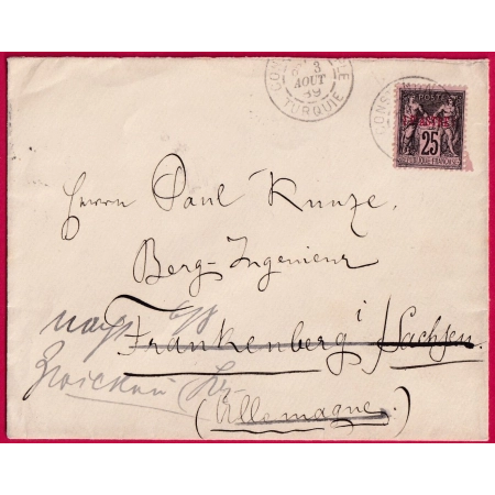 SAGE SURCHARGE 1 PIASTRE CONSTANTINOPLE TURQUIE TURKEY  BFE 1889 POUR ALLEMAGNE FRANKENBERG LETTRE COVER FRANCE