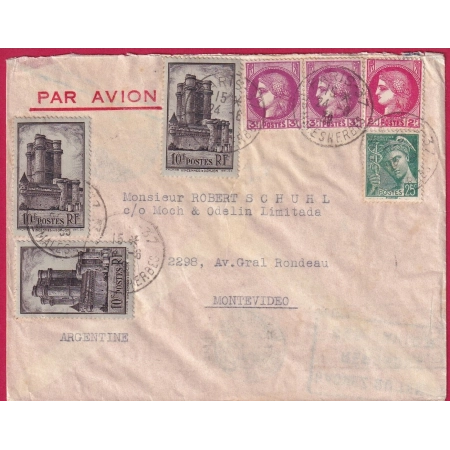 N°393 X2 373 376 411 DONJON DE VINCENNES POUR MONTEVIDEO URUGUAY PAR AVION 1939 LETTRE COVER FRANCE