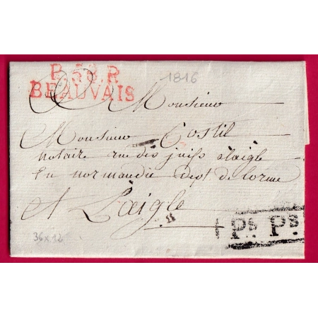 MARQUE P58P BEAUVAIS OISE EN ROUGE 1816 POUR LAIGLE ORNE INDICE 8 POUR PARIS LETTRE COVER FRANCE