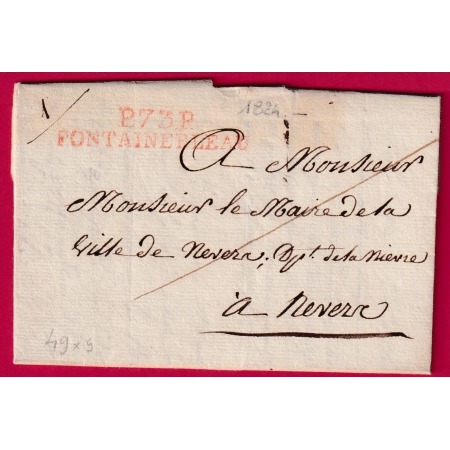 MARQUE P73P FONTAINEBLEAU SEINE ET MARNE 1824 POUR NEVERS NIEVRE INDICE 10 LETTRE COVER FRANCE