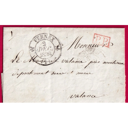 CAD TYPE 12 FERNEX AIN FERNEY ACHEMINE DE GENEVE 1838 POUR VALENCE MONTEREAU SEINE ET MARNE LETTRE COVER FRANCE