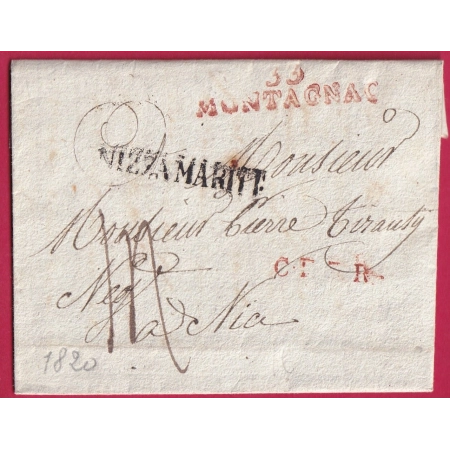 MARQUE 33 MONTAGNAC HERAULT EN ROUGE POUR NICE NIZZA MARITIMA VOIE DE MER ALPES MARITIMES 1820 LETTRE COVER FRANCE