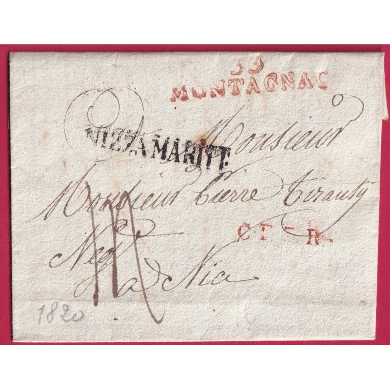 MARQUE 33 MONTAGNAC HERAULT EN ROUGE POUR NICE NIZZA MARITIMA VOIE DE MER ALPES MARITIMES 1820 LETTRE COVER FRANCE