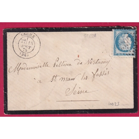 N°60 GC 6390 LOCHE INDRE ET LOIRE RARE INDICE 23 POUR ST MAUR LES FOSSES SEINE 1875 LETTRE COVER FRANCE