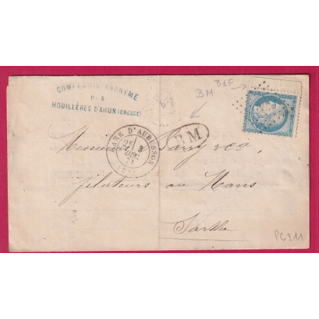 N°60 BDF PC DU GC 211 CAD GARE AUBUSSON CREUSE BM HOUILLERES D'AHUN POUR LE MANS SARTHE LETTRE COVER FRANCE