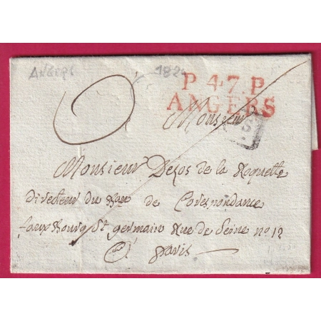 MARQUE P47P ANGERS MAINE ET LOIRE 1824 POUR PARIS INDICE 9 LETTRE COVER FRANCE