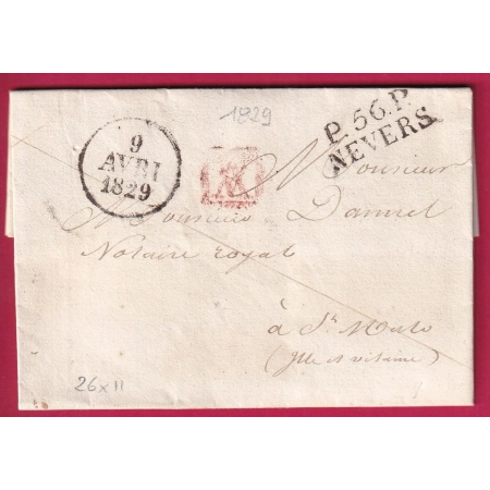MARQUE P56P NEVERS 1829 NIEVRE TEXTE DE GUERIGNY POUR ST MALO PORT VERIFIE LETTRE COVER FRANCE