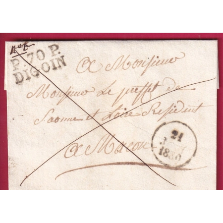 MARQUE P70P DIGOIN SAONE ET LOIRE 1830 POUR MACON 28X11.5mm INDICE 19 LETTRE COVER FRANCE