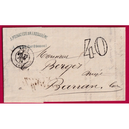 TAXE TAMPON 40 AGEN LOT ET GARONNE 1874 POUR BARRAN EURE LETTRE COVER FRANCE