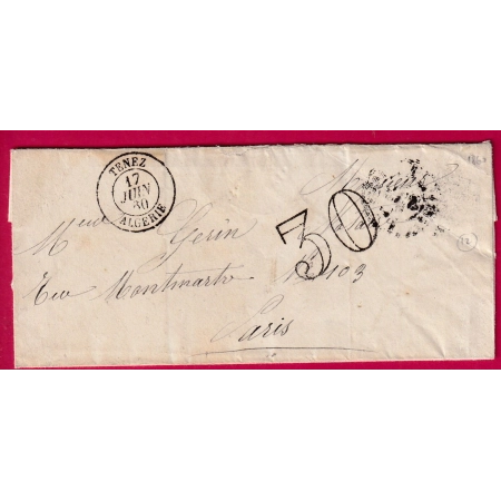 CAD TYPE 15 TENEZ LGERIE TAXE TAMPON 30 1860 POUR PARIS INDICE 12 LETTRE COVER FRANCE