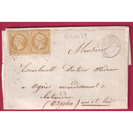 N°21 X 2 GC 1189 COURTALAIN EURE ET LOIRE POUR ORGERES LETTRE COVER FRANCE