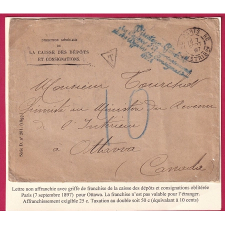 FRANCHISE TAXE MANUSCRIT 10  PARIS CAISSE DES DEPOTS POUR OTTAWA CANADA 1897 LETTRE COVER FRANCE