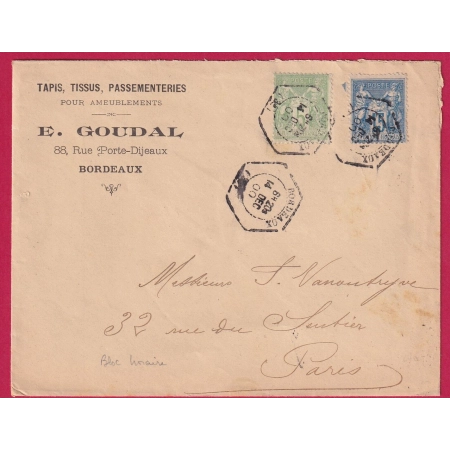N°75 90 LEVEE EXCEPTIONNELLE BORDEAUX GIRONDE POUR PARIS AVEC BLOC HORAIRE RARE LETTRE COVER FRANCE