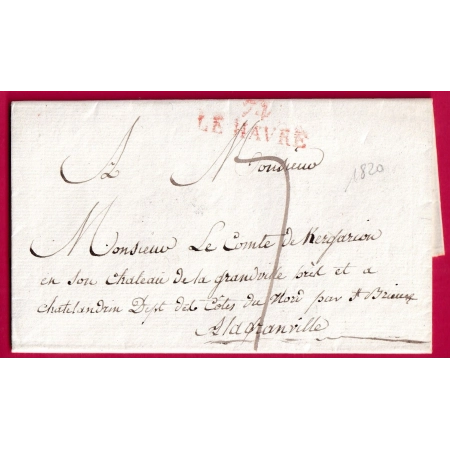 MARQUE 74 LE HAVRE SEINE INFERIEURE NON SINALE PAR POTHION 31X11 ROUGE 1820 POUR GRANVILLE MANCHE LETTRE COVER FRANCE