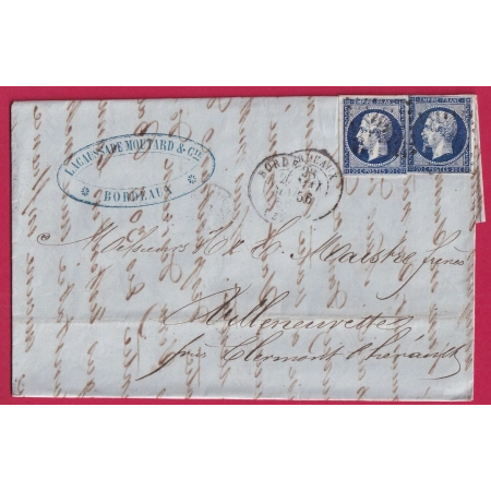 N°14 X2 BLEU NOIR PC 441 BORDEAUX POUR VILLENEUVETTE HERAULT LETTRE COVER FRANCE