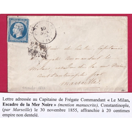 N°14 TARIF MILITAIRE PC 2517 PONT SCORFF MORBIHAN POUR ESCADRE DE LA MER NOIR CONSTANTINOPLE LETTRE COVER FRANCE