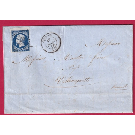 N°14 BDF BLEU FONCE PC 1395 GIGNAC HERAULT POUR VILLENEUVETTE LETTRE COVER FRANCE