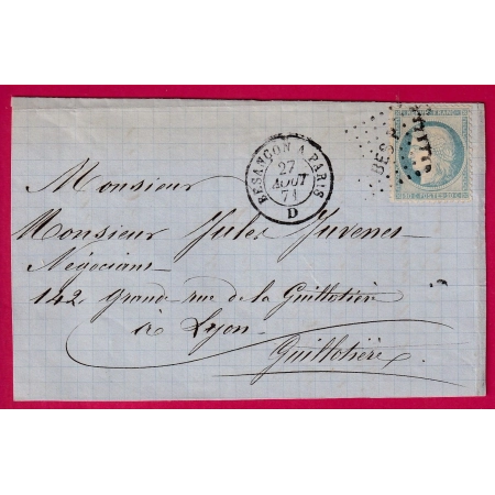 N°37 AMBULANT BESANCON A PARIS LOSANGE BESP DEVANT DE LETTRE COVER FRANCE