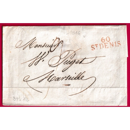 MARQUE 60 ST DENIS SEINE EN ROUGE 1816 POUR MARSEILLE LETTRE COVER FRANCE