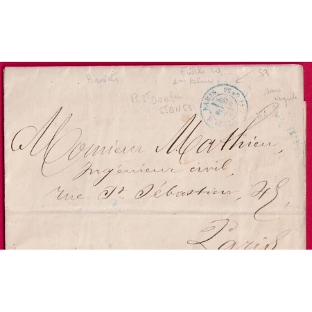 PARIS CACHET TAXE 15C EN BLEU 2540 R ST DOMque St Gn 53 RARE NON SIGNALE PAR POTHION POUR PARIS LETTRE COVER FRANCE