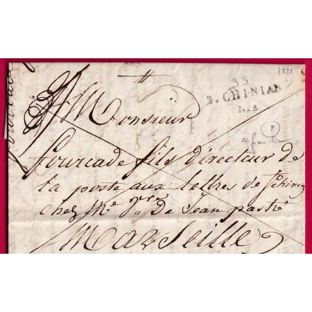 MARQUE 33 ST CHINIAN HERAULT EN FRANCHISE DES POSTES POUR MARSEILLE LETTRE COVER FRANCE