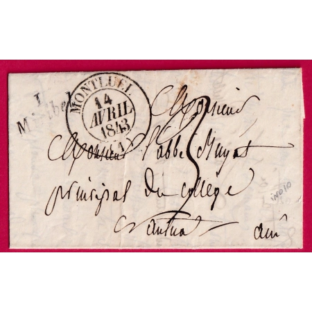 CURSIVE 1 MIRIBEL AIN CAD TYPE 13 MONTLUEL 1843 POUR NANTUA INDICE 10 LETTRE COVER FRANCE