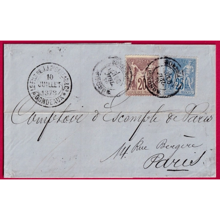 N°68 79 TRIPLE PORT BORDEAUX GIRONDE POUR PARIS 1878 LETTRE COVER FRANCE