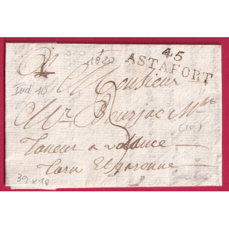 MARQUE 45 ASTAFFORT LOT ET GARONNE 1820 POUR VALENCE AGEN INDICE 10 LETTRE COVER FRANCE