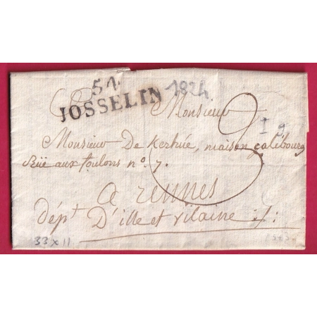 MARQUE 54 JOSSELIN MORBIHAN POUR RENNES 1824 INDICE 9 LETTRE COVER FRANCE