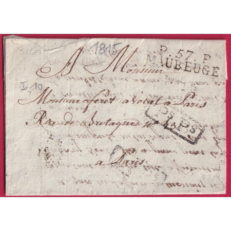 MARQUE P57P MAUBEUGE NORD POUR PARIS 1815 INDICE 10 LETTRE COVER FRANCE