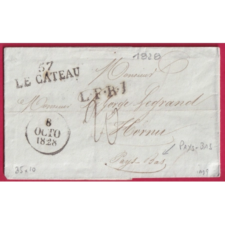 MARQUE 57 LE CATEAU NORD 1828 POUR HORNU PAYS BAS NEDERLAND LETTRE COVER FRANCE