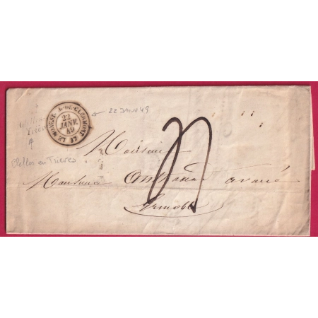 CURSIVE 37 CLELLES EN TRIEVES DU 22 JANVIER 1849 T15 LE MONESTIER DE CLERMONT POUR GRENOBLE LETTRE COVER FRANCE