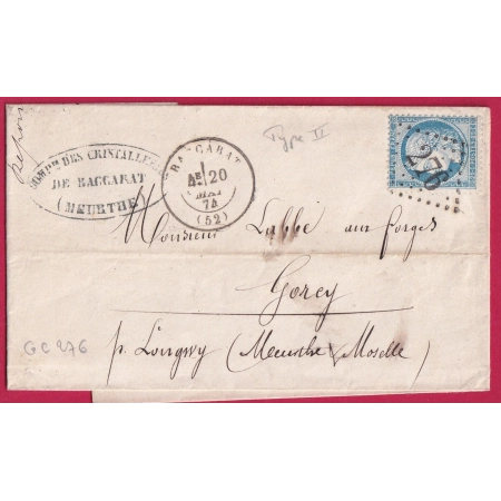 N°60B TYPE II GC 276 BACCARAT MEURTHE ET MOSELLE POUR GORCY LETTRE COVER FRANCE
