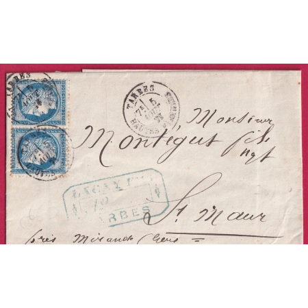 N°60 PAIRE CAD TYPE 18 TARBES HAUTES PYRENEES POUR ST MAUR GERS LETTRE COVER FRANCE