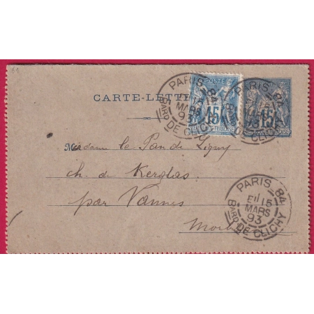 N°90 + ENTIER 15C SAGE LEVEE EXCEPTIONNELLE PARIS 84 BARD DE CLICHY LEVEE E1 POUR VANNES MORBIHAN LETTRE COVER FRANCE