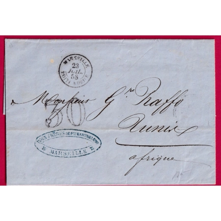 CAD MARSEILLE BOITE MOBILE 1858 TAXE TAMPON 30C POUR TUNIS TUNISIE SIGNE BAUDOT LETTRE COVER FRANCE