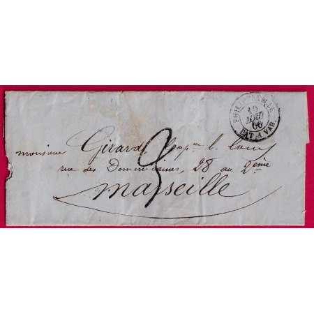 CAD PHILIPPEVILLE BATEAU A VAPEUR TAXE TAMPON 3 POUR MARSEILLE LETTRE COVER FRANCE